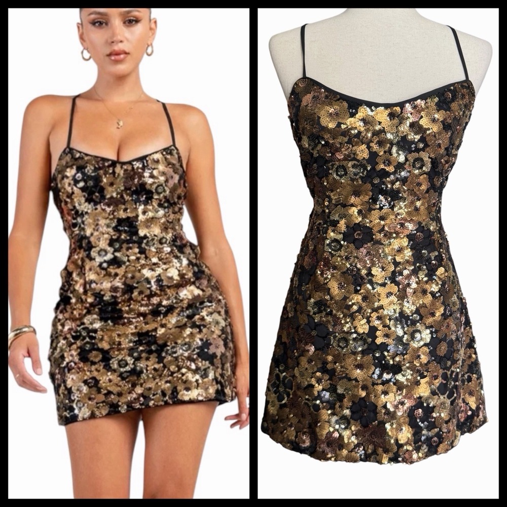 Privy 3D Sequin Floral Mini Dress S • Lace Up Open Back Glam Prom Night Out NWT